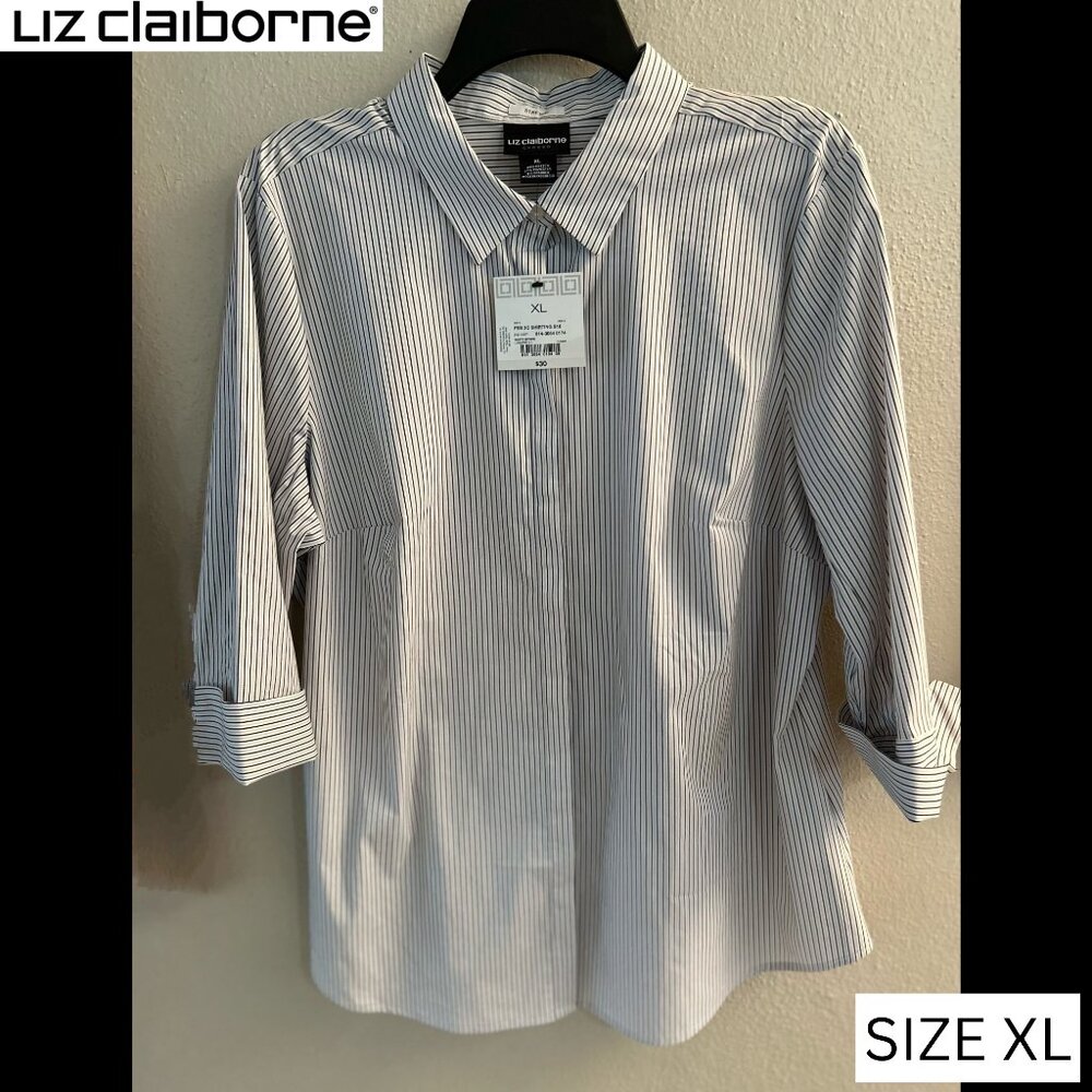 Liz Claiborne Striped Button-Up Shirt – White & Navy – Size XL – NWT